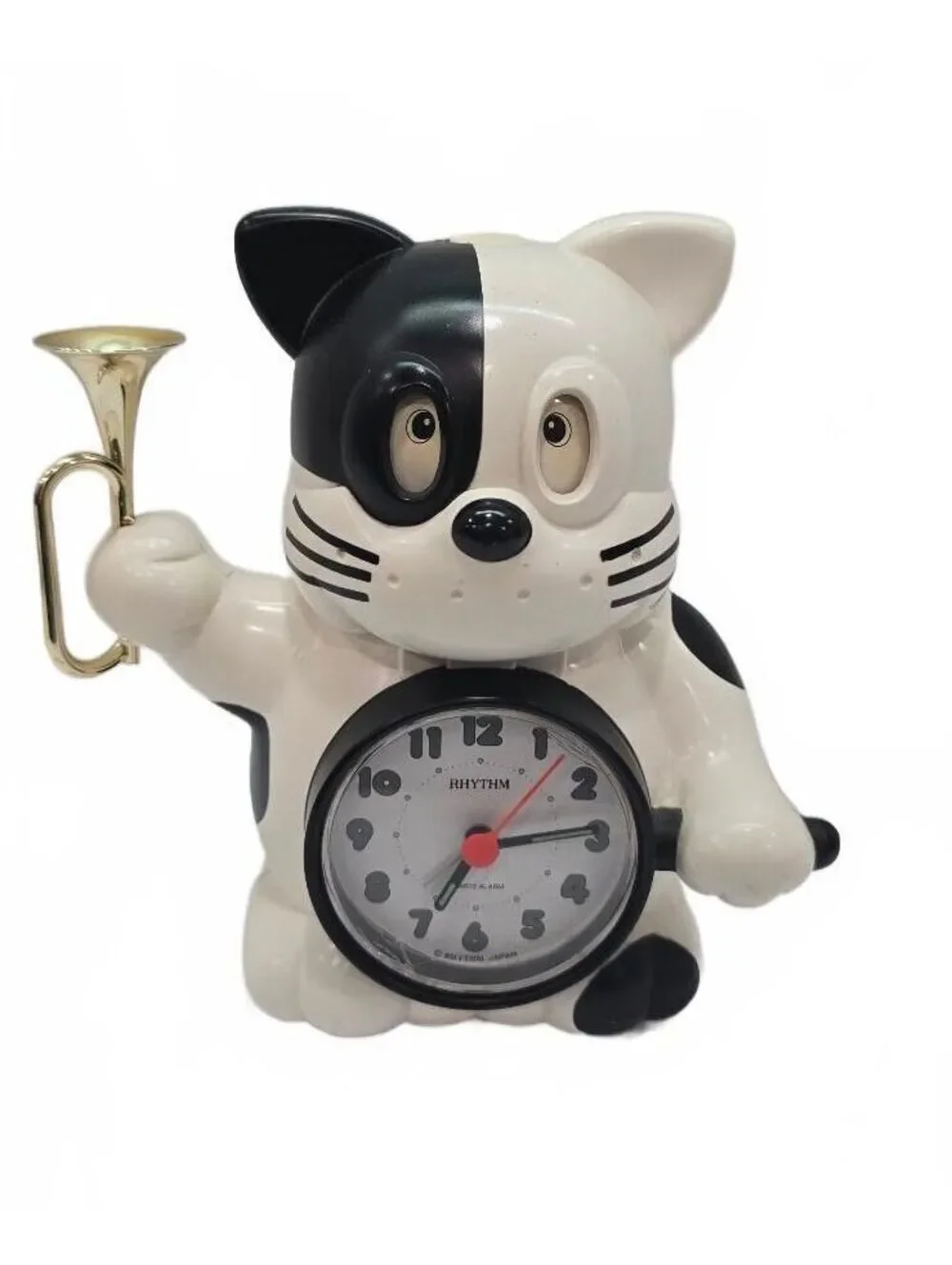 Vintage Rhythm Black and White Cat Figurine Clock with Bugle